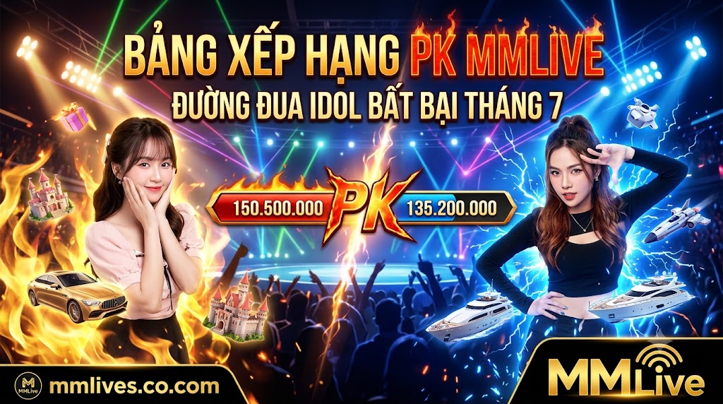 Ảnh đại diện Bảng xếp hạng PK MMLive tháng 7, vinh danh các chiến thần Idol bất bại trên đường đua PK liên server với cơn mưa quà tặng ảo và điểm cống hiến kỷ lục. Hình ảnh độc quyền từ mmlive8.jp.net.