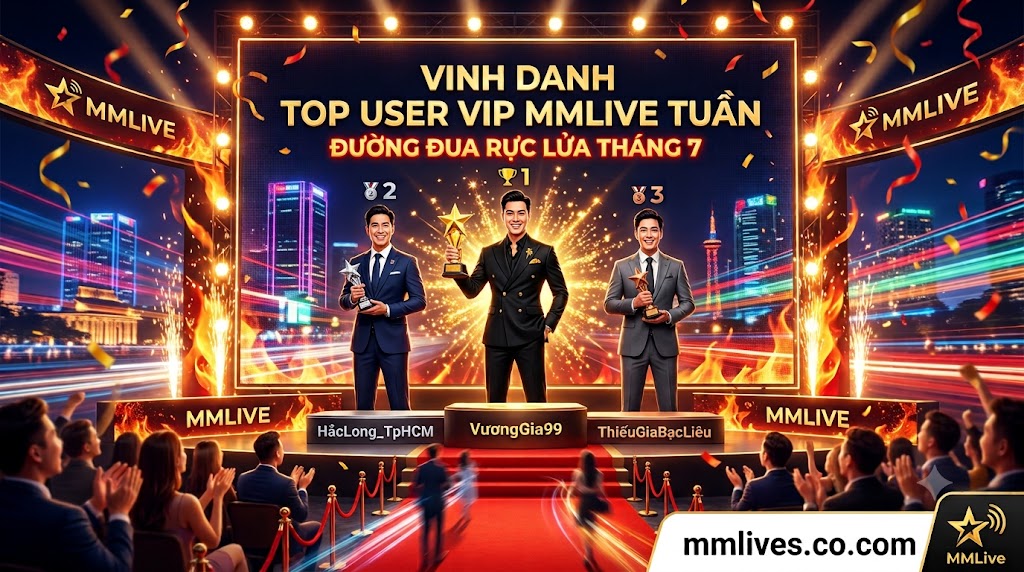 Bảng xếp hạng vinh danh Top User VIP MMLive tuần, gồm Top 3 đại gia dẫn đầu đường đua cống hiến tháng 7 trên sân khấu trao giải hoành tráng của nền tảng mmlive8.jp.net.