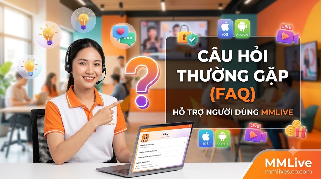 Hình ảnh nhân viên chăm sóc khách hàng MMLive mỉm cười hỗ trợ giải đáp các câu hỏi thường gặp (FAQ). Giao diện trực quan nổi bật các biểu tượng hệ điều hành iOS, Android, bảo mật tài khoản, cùng dòng chữ "Câu Hỏi Thường Gặp (FAQ) - Hỗ trợ người dùng MMLive" và tên miền mmlive8.jp.net.