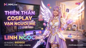 Banner hồ sơ Idol Cosplay MMLive Linh Ngọc, ID phòng 889900. Hình ảnh nữ streamer hóa trang thành nữ chiến binh thiên thần anime vô cùng xinh đẹp và lộng lẫy trong không gian phòng live, kèm dòng chữ 'Thiên thần Cosplay vạn người mê' và tên miền mmlive8.jp.net.
