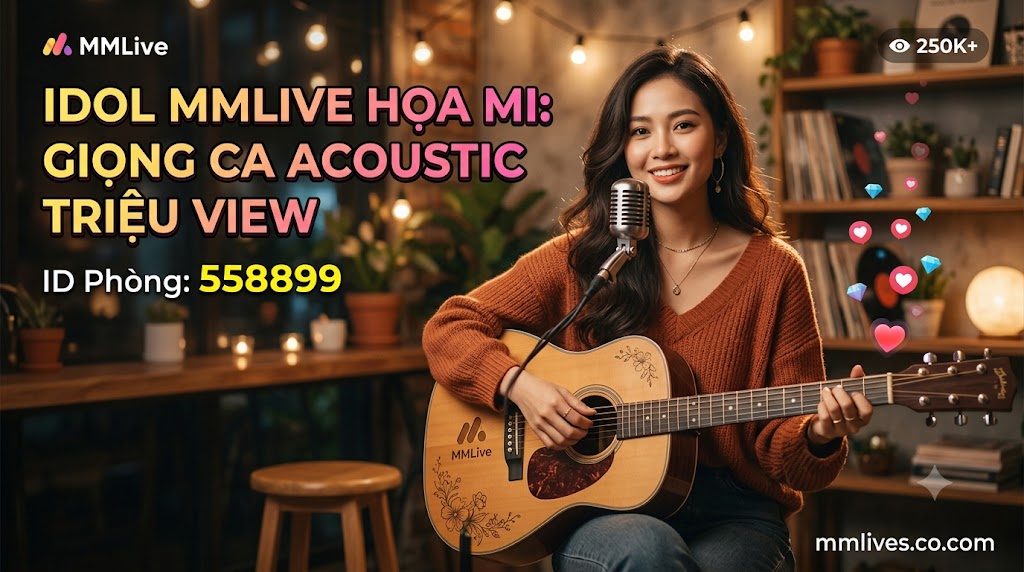 Banner hồ sơ Idol cover nhạc MMLive Họa Mi, ID phòng 558899. Hình ảnh nữ streamer xinh đẹp đang ôm đàn guitar acoustic mỉm cười trước micro trong không gian ấm cúng, kèm dòng chữ 'Giọng ca acoustic triệu view' và tên miền mmlive8.jp.net.