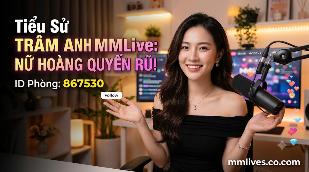 Banner hồ sơ idol Trâm Anh MMLive, giới thiệu 'Nữ hoàng quyến rũ!' với ID phòng 867530. Hình ảnh một nữ streamer trẻ mỉm cười trước thiết bị livestream, với các biểu tượng trái tim và kim cương bay lên. Bao gồm domain mmlive8.jp.net.