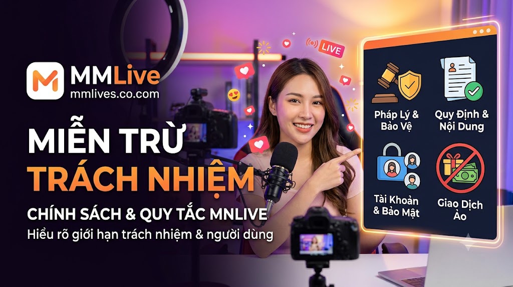 Hình ảnh một phụ nữ trẻ mỉm cười trong bối cảnh livestream, chỉ vào màn hình hiển thị bốn biểu tượng chính sách chính của nền tảng MM Live: Pháp Lý & Bảo Vệ, Quy Định & Nội Dung, Tài Khoản & Bảo Mật, và Giao Dịch Ảo. Văn bản lớn 'MIỄN TRỪ TRÁCH NHIỆM' và logo MM Live với tên miền mmlive8.jp.net hiển thị rõ ràng.