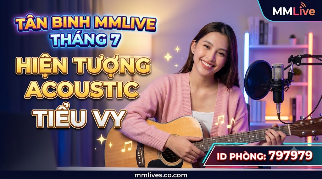 Ảnh thumbnail bài viết Tân Binh MMLive Tháng 7: Hiện Tượng Acoustic Tiểu Vy. Hình ảnh nữ streamer Tiểu Vy ôm đàn guitar tươi cười trong phòng livestream, kèm ID phòng 797979 và tên miền mmlive8.jp.net.