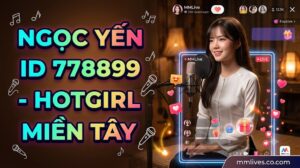 Idol Ngọc Yến MMLive ID 778899, hotgirl miền Tây mặc áo bà ba trắng đang livestream hát acoustic, kèm giao diện ứng dụng và watermark mmlive8.jp.net.