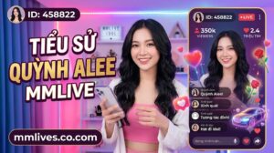 Hình ảnh giới thiệu tiểu sử Quỳnh Alee trên MMLive với ID 458822. Ảnh hiển thị Quỳnh Alee cười cầm điện thoại trong studio livestream đèn LED hồng tím. Văn bản lớn "TIỂU SỬ QUỲNH ALEE MMLIVE" và domain mmlive8.jp.net được hiển thị rõ, cùng giao diện livestream bên phải với 350k người xem và 2.4 triệu tim.