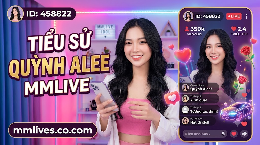Hình ảnh giới thiệu tiểu sử Quỳnh Alee trên MMLive với ID 458822. Ảnh hiển thị Quỳnh Alee cười cầm điện thoại trong studio livestream đèn LED hồng tím. Văn bản lớn "TIỂU SỬ QUỲNH ALEE MMLIVE" và domain mmlive8.jp.net được hiển thị rõ, cùng giao diện livestream bên phải với 350k người xem và 2.4 triệu tim.