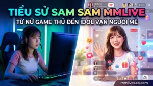 Nữ gamer MMLive Sam Sam chơi game trong phòng có đèn LED dải, bao gồm lớp phủ giao diện hồ sơ trang web và watermark 'mmlive8.jp.net'.